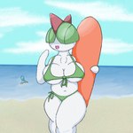 beach big_breasts bikini breasts clothing female green_hair hair head_crest sea seaside solo surfboard swimwear thick_thighs two-piece_swimsuit water white_body white_skin poraka7 nintendo pokemon generation_3_pokemon mudkip pokemon_(species) ralts 1:1