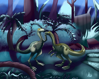 brown_body claws duo feral grass male orange_sclera plant shrub tail toe_claws tree yellow_sclera lightening816 don_bluth the_land_before_time universal_studios ozzy_(the_land_before_time) strut_(the_land_before_time) dinosaur ornithomimid ornithomimosaur prehistoric_species reptile saurischian scalie struthiomimus theropod absurd_res hi_res brother_(lore) brothers_(lore) sibling_(lore)