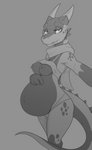 anthro bedroom_eyes bra bra_lift breasts clothing female mostly_nude narrowed_eyes nipple_piercing nipples non-mammal_breasts piercing pregnant pregnant_anthro pregnant_female scarf seductive small_breasts solo sports_bra underwear bastiel moxxi_(bastiel) kobold lizard reptile scalie absurd_res greyscale hi_res monochrome