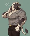 5_fingers anthro belt big_pecs book bottomwear clothed clothing eyewear fingers fully_clothed glasses horn male muscular muscular_anthro muscular_male nipple_outline pants pecs shirt solo tight_clothing topwear salga_0310 bovid bovine cattle mammal 2019 hi_res