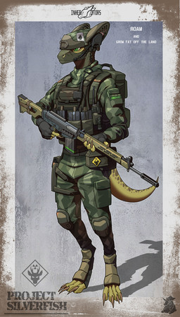abstract_background ace_of_spades anthro armor backpack body_armor border bottomwear camo camo_clothing camo_print claws clothed clothing earpiece electronics fingerless_gloves footwear furgonomic_footwear furgonomic_headwear furgonomics gloves green_body green_clothing green_eyes gun handwear headgear helmet holding_gun holding_object holding_ranged_weapon holding_rifle holding_weapon knee_pads logo male mask military_uniform pants pattern_clothing radio ranged_weapon rifle solo standing text uniform weapon 419667 project_silverfish inheritor lizard reptile scalie 2025 absurd_res artist_logo english_text hi_res