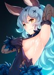 armpit_fetish black_clothing blue_hair breasts clothing cum_on_armpit female flashing flashing_breasts hair handwear looking_at_viewer nipples small_breasts solo white_body white_skin yellow_eyes ricegnat cygames granblue_fantasy ferry_(granblue_fantasy) animal_humanoid erune humanoid mammal hi_res