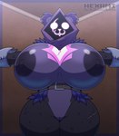 :3 anthro areola belt big_breasts black_body black_fur breasts curvy_figure female fur genitals hood huge_breasts mostly_nude multicolored_body nipples purple_body pussy simple_background solo t-pose text thick_thighs two_tone_body voluptuous hexami epic_games fortnite raven_team_leader bear mammal 2024 hi_res signature url watermark