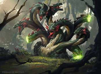 5_heads ambiguous_gender detailed_background feral fin forest glowing glowing_eyes gore grass green_body headless multi_head open_mouth plant sharp_teeth solo teeth tongue tongue_out tree 88grzes european_mythology greek_mythology hasbro magic:_the_gathering mythology wizards_of_the_coast hydra hi_res official_art