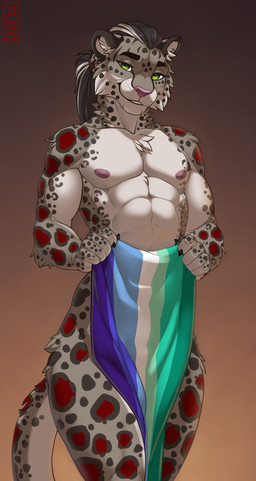 abs anthro covering covering_crotch flag hair lgbt_pride long_hair looking_at_viewer male nude ponytail pride_colors rainbow_flag rainbow_pride_flag rainbow_symbol solo vincian_pride_colors fleki umbrose felid mammal pantherine snow_leopard absurd_res hi_res