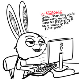 ambiguous_gender anthro chair clothed clothing computer electronics fur furniture half-closed_eyes humor keyboard narrowed_eyes open_mouth shirt simple_background solo text topwear white_background unknown_artist lagomorph leporid mammal rabbit 1:1 digital_media_(artwork) english_text sketch source_request