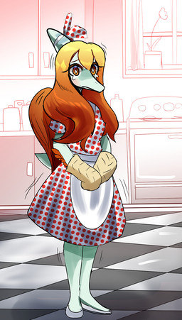 anthro appliance blue_body blush bodily_fluids clothed clothing crying dress female hair handwear kitchen kitchen_appliance long_hair looking_at_viewer orange_eyes oven oven_mitts red_hair solo tears window rexhastala cavemanon_studios goodbye_volcano_high ko_op_(game_developer) snoot_game fang_(gvh) prehistoric_species pterosaur reptile scalie hi_res