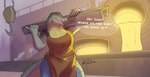 anthro apron big_breasts bottomwear breasts clothing dialogue female foundry green_eyes grey_body holding_object molten_metal open_mouth pants sharp_teeth solo tan_body teeth chasertech drawstech esabelle_(chasertech) crocodile crocodilian reptile scalie absurd_res hi_res