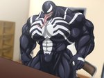 big_muscles black_body chair emblem empty_eyes featureless_crotch furniture long_tongue male muscular muscular_humanoid muscular_male not_furry sharp_teeth shelf smile solo table teeth tongue tongue_out rionkion marvel marvel_rivals venom_(marvel) alien alien_humanoid humanoid monster symbiote 4:3 absurd_res better_version_at_paywall hi_res