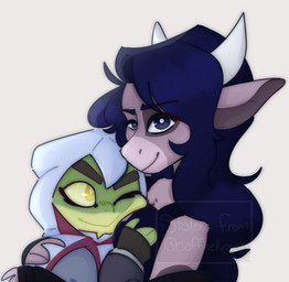 anthro blue_hair clothed clothing duo eyebrows female fingers fur green_body green_skin hair horn male male/female simple_background smile coffeekrook captain_laserhawk:_a_blood_dragon_remix ubisoft bullfrog_(captain_laserhawk) cream_and_chocolate_(captain_laserhawk) amphibian bovid bovine cattle frog mammal 2023 digital_media_(artwork)
