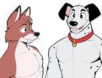 anthro anthrofied big_eyes black_outline collar countershading duo male muscular muscular_male nude outline pecs smile whiskers jrjresq 101_dalmatians disney the_fox_and_the_hound pongo tod_(tfath) canid canine canis dalmatian domestic_dog fox mammal red_fox true_fox digital_media_(artwork) half-length_portrait hi_res portrait