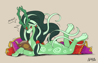book butt crossed_legs eyeliner feet female feral geisha green_body hair long_hair looking_at_viewer lying makeup nude paws pillow reading solo naika nintendo pokemon generation_2_pokemon legendary_pokemon pokemon_(species) suicune colored_sketch hi_res sketch