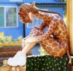 animal_print anthro biped breasts building clothing day detailed_background female footwear giraffe_print horn house long_neck ossicone shoes sitting solo tail silverfish_(artist) third-party_edit giraffe giraffid mammal digital_media_(artwork) low_res photo_manipulation photomorph shaded