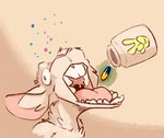 container drugs female jar open_mouth pills simple_background solo teeth animancer luck_(animancer) dipodid jerboa mammal rodent mouth 2024 headshot_portrait hi_res portrait