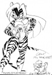 anthro big_breasts big_tail breasts cleavage clothed clothing duo facial_markings female fur grin hair hands_on_hips head_markings holding_arm long_hair looking_aside looking_at_self male markings nipple_outline open_mouth open_smile pain simple_background smile solo_focus standing striped_body striped_fur striped_markings striped_tail stripes tail tail_markings text topwear torn_clothing torn_topwear white_background wounded eric_schwartz eric_schwartz_(character) zig_zag hybrid mammal mephitid rodent sciurid skunk tree_squirrel 1998 english_text monochrome pen_(artwork) traditional_media_(artwork)