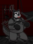 animal_mask anthro balls bdsm bondage_gear bondage_gloves chastity_cage chastity_device clothing collar cuff_(restraint) fur genitals handwear harness kneeling leash male mask petplay pup_mask puppyplay restraints roleplay simple_background solo submissive submissive_male tail tail_motion tailwag eemwolf eem_(eemwolf) canid canine canis mammal wolf absurd_res digital_media_(artwork) hi_res