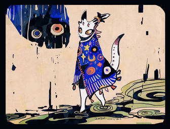 abstract_art abstract_background ambiguous_anthro ambiguous_gender anthro bedding biped blanket blue_clothing cloak clothed clothed_ambiguous clothed_anthro clothing horn print_clothing solo spiked_tail spikes spikes_(anatomy) tail walking water_ripple white_body hakugin unknown_species 2020 dated