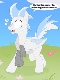 after_transformation alternate_species blue_eyes blue_mane day dialogue feathered_wings feathers feral fur grass looking_down male mane open_mouth outside plant quadruped solo species_transformation speech_bubble teeth text tongue transformation white_body white_fur wings fuf hasbro my_little_pony mythology macharius dragon equid equine hybrid mammal mythological_creature mythological_equine mythological_scalie pegasus scalie 2019 english_text hi_res