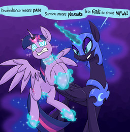 abstract_background armor asphyxiation brainwashing choking clenched_teeth cutie_mark dialogue dominant dominant_female duo evil_grin female female/female feral headgear helmet hooves horn horn_jewelry horn_ring hypnotic_eyes jewelry levitation magic_bondage magic_suppression mind_break mind_control peytral quadruped ring_(jewelry) simple_background smile speech_bubble spread_wings teeth villain_dominating_hero villainess villains_win wings moonatik friendship_is_magic hasbro my_little_pony mythology nightmare_moon_(mlp) twilight_sparkle_(mlp) equid equine mammal mythological_creature mythological_equine winged_unicorn absurd_res digital_drawing_(artwork) digital_media_(artwork) hi_res