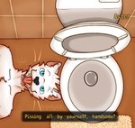 anthro bathroom biped blue_eyes dialogue first_person_view fur humor looking_at_viewer lying male on_back on_ground open_mouth shitpost smile smiling_at_viewer solo talking_to_viewer text toilet white_body white_fur theresliterallysoapeverywhere pissing_all_by_yourself_handsome? aster_larsen arctic_fox canid canine fox mammal true_fox digital_media_(artwork) english_text meme nonbinary_(lore)