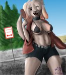 anthro beach belly belt big_breasts bikini bikini_top bottomwear breasts brown_eye cleavage clothed clothing collar dessert fangs female fingers floppy_ears food forest forest_background fur hair holding_food holding_object ice_cream implied_dialogue jacket leg_tuft mika_(snuft) nature nature_background navel no_parking_sign offering_food one_eye_obstructed one_eye_visible open_clothing open_jacket open_mouth open_topwear pink_body pink_fur plant popsicle raised_hand road shorts sidewalk solo subsurface_scattering swimwear tail teeth thigh_tuft tongue topwear tree tuft two-piece_swimsuit white_body white_fur gotadraw draw_this_in_your_style canid canine canis domestic_dog mammal absurd_res hi_res