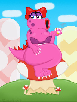 big_mushroom bikini blue_eyes bow_ribbon cigarette claws clothing eyelashes eyeshadow female freckled_face freckles fungus grass hill jewelry lipstick makeup mushroom pink_body plant purple_bikini purple_clothing purple_eyelids purple_swimwear purple_underwear ring scales smoking smoking_cigarette solo swimwear two-piece_swimsuit underwear zoyeensadart mario_bros nintendo birdo_(character) birdo