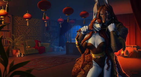 anthro black_hair breasts clothed clothing dominant dominant_male duo ear_piercing female fur glowing glowing_eyes grey_body grey_fur hair jewelry lamp lantern long_ears long_hair male male/female markings nipple_piercing nipples piercing plant pose red_hair size_difference spots spotted_body spotted_fur stack tongue road~abelgeym canid canine mammal pinup portrait three-quarter_portrait