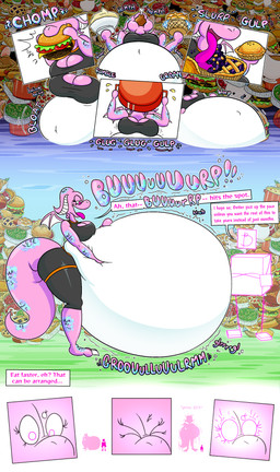 anthro belly big_belly breasts duo female food huge_belly morbidly_obese obese overweight pink_body speech_bubble stuffing text weight_gain blahblah866 mythology dragon mythological_creature mythological_scalie scalie 2022 absurd_res comic english_text hi_res