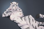 anthro bedroom_eyes blue_eyes breasts chin_piercing claws facial_scar female fur grey_background hair looking_at_viewer lying narrowed_eyes nipples pawpads piercing pink_nipples pink_nose scar seductive simple_background solo striped_body striped_fur stripes white_hair wide_hips ale-tie microsoft the_elder_scrolls katria_(perky) felid khajiit mammal hi_res