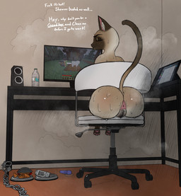 4_toes anus big_butt bodily_fluids butt chair desk dialogue drawing_tablet electronics ellipsis exclamation_point eyes_closed feet female female_feral feral furniture gaming genitals good_boy heat_(temperature) humanoid_genitalia humanoid_genitalia_on_feral humanoid_vulva humanoid_vulva_on_feral monitor on_chair pawpads pink_anus pubes sex_toy sitting sitting_on_chair smelly smelly_butt solo sweat sweaty_butt table talking_feral talking_to_viewer text toes vibrator vulva wand_vibrator cr4vr0 microsoft minecraft minecraft_sheep_fucker mojang monster_energy xbox_game_studios domestic_cat felid feline felis mammal siamese_cat absurd_res censored colored digital_media_(artwork) english_text hi_res mosaic_censorship shaded
