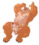 4_fingers 4_toes anthro arm_over_head armpit_hair arms_above_head balls barazoku belly biceps big_muscles blue_eyes blush bodily_fluids body_hair chest_hair chest_tuft claws countershading cum feet finger_claws fingers fur genital_fluids genitals glans hands_behind_head huge_muscles humanoid_genitalia humanoid_penis looking_down looking_pleasured male musclegut muscular muscular_anthro muscular_male muscular_thighs navel nipples nude orange_body orange_fur overweight overweight_male pawpads penis pubes raised_arms saliva short_tail simple_background slightly_chubby slightly_chubby_anthro slightly_chubby_male smile solo tail toe_claws toes triceps tuft vein veiny_penis white_background takemoto_arashi kumamoto_(character) bear mammal ursine 2022 hi_res signature