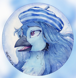 anthro beak black_beak blue_body blue_clothing blue_fur blue_hair blue_hat blue_headwear clothing eyelashes female fur glistening glistening_eyes hair hat headgear headwear open_mouth pattern_clothing pattern_hat pattern_headgear pattern_headwear purple_eyes purple_tongue simple_background solo striped_clothing striped_hat striped_headgear striped_headwear stripes tongue white_clothing white_hat white_headwear akatan_art avian 2022 absurd_res bust_portrait dated hi_res portrait signature traditional_media_(artwork)