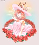 anthro blinking breasts clothed clothing female flower hat headgear headwear plant small_breasts solo sun_hat sunset wreath bat-kat meuna canid canine deer fox hybrid mammal animated hi_res short_playtime