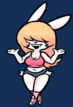 4_fingers anthro blonde_hair bottomwear breasts cleavage clothed clothing denim denim_bottomwear denim_clothing denim_shorts female fingers footwear fur gesture hair hair_over_eyes legwear pattern_clothing pattern_footwear pattern_legwear pattern_socks pink_clothing pink_shirt pink_tank_top pink_topwear rabbit_ears red_clothing red_footwear red_shoes shirt shoes shorts shrug smile socks solo standing striped_clothing striped_footwear striped_socks stripes tank_top thick_thighs topwear triangle_nose white_body white_fur wide_hips newtype_hero unnamed_character lagomorph leporid mammal rabbit alpha_channel