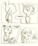 2017 absurd_res anthro canid canine clothed clothing comic dialogue dipstick_ears disney duo ellipsis english_text female fox greyscale hi_res judy_hopps lagomorph leporid male mammal monochrome multicolored_ears nick_wilde rabbit red_fox simple_background speech_bubble sprinkah text true_fox white_background zootopia
