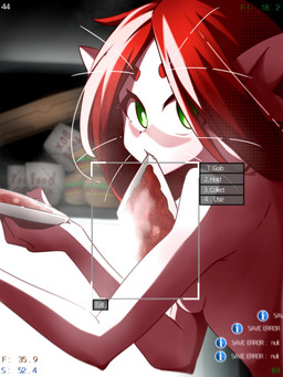 anthro breasts detailed_background digitigrade female first_person_view food food_in_mouth game_ui gui hair looking_at_viewer nude panicking red_hair shrimp_(food) side_boob solo whiskers gezelle_2045 voices_of_the_void argemia ariral felid feline mammal 2025 3:4 absurd_res digital_drawing_(artwork) digital_media_(artwork) hi_res