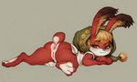 anthro anus biped butt clothing dress ear_tuft female fur genitals hair hat headgear headwear looking_at_viewer looking_back lying on_front paws presenting pussy rear_view red_eyes simple_background smile solo spread_legs spreading tuft young crookedtrees odin_sphere vanillaware myris_(odin_sphere) lagomorph leporid mammal pooka rabbit 2019 digital_media_(artwork) hi_res