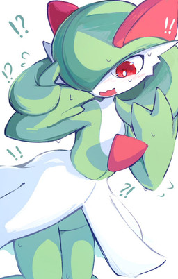 ambiguous_gender blush bodily_fluids exclamation_point featureless_crotch green_pseudo_hair interrobang one_eye_obstructed open_mouth pseudo_hair red_eyes simple_background solo sweat sweatdrop white_body my_6633 nintendo pokemon gardevoir generation_3_pokemon humanoid hybrid kirlia pokemon_(species) 2026 hi_res