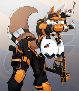 anthro belt big_breasts big_tail bottomwear breasts brown_body brown_fur cigarette cigarette_smoke clothed clothing female fingerless_gloves fur gloves gun handgun handwear harness hat headgear headwear holding_cigarette holding_object holding_weapon holster holstered_pistol huge_breasts inner_ear_fluff logo looking_at_viewer multicolored_body multicolored_fur no_bra orange_eyes pants pasties paws pistol ranged_weapon simple_background smile smoke solo submachine_gun tail tuft weapon white_body white_fur sw-kaniar bad_dragon wolfjjin canid canine canis mammal wolf absurd_res hi_res