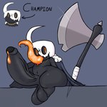 anthro arrow_sign axe balls big_balls big_butt big_penis black_body butt front_view genitals horn huge_penis long_tongue male orange_eyes orange_tongue penis sitting solo teapot_(body_type) text thick_thighs tongue vein veiny_penis weapon axoarts hollow_knight team_cherry champion_(axoarts) fan_character arthropod infected_(species) insect vessel_(species) 1:1 digital_media_(artwork) english_text