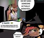 anthro dialogue gaming gaming_chair gaming_headset livestream male rgb_lighting solo text disgustingartgoeshere canid canine fox mammal comic english_text hi_res