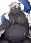 anthro black_body blue_eyes blush bodily_fluids bulge clothing cum cum_on_belly cum_on_body cum_on_chest genital_fluids hair humanoid_hands kemono male musclegut muscular navel overweight overweight_male solo underwear white_hair m_ikky vtuber kokuba_hoeguro canid canine mammal 2022 hi_res