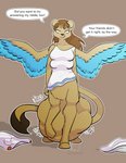 abdominal_bulge anthro arms_by_side belly big_belly bodily_noises bottomless breasts brown_body brown_fur brown_hair calling_for_help clothed clothing dialogue digestion feathered_wings feathers female female_pred forced fur hair hmph hyper hyper_abdominal_bulge looking_at_viewer muffled multi_breast onomatopoeia oral_vore rumbling_stomach simple_background soft_vore solo sound_effects speech_bubble standing straight_arms talking_to_viewer taur_pred text unwilling_prey vore vowelless vowelless_vocalization wings yellow_eyes rabbitinafoxden mythology felid felid_taur mammal mammal_taur mythological_creature mythological_sphinx sphinx_taur taur 2020 absurd_res english_text hi_res