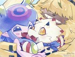 anthro female fur grin group hair hair_over_eyes horn hug kerchief male smile tentacles trio white_body yellow_body yellow_fur lanllan bandai_namco digimon digimon_ghost_game angoramon digimon_(species) gammamon humanoid jellymon lagomorph leporid mammal rabbit 4:3