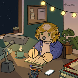 anthro chibi desk furniture kobewolf lamp male sitting solo table writing_text rye_owl_(character) avian bird owl 1:1 animated animation_meme hi_res meme no_sound short_playtime video