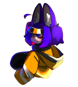 ahoge blush blush_lines breasts clothing female hair hood inner_ear_fluff jacket looking_back mole_under_eye narrowed_eyes orange_clothing orange_jacket orange_topwear pigtails pointy_ears purple_hair red_eyes simple_background smile solo topwear tuft visor white_background crr001 cargo_(crr001) animal_humanoid cat_humanoid felid felid_humanoid feline feline_humanoid humanoid mammal mammal_humanoid 2025 absurd_res bust_portrait hi_res portrait
