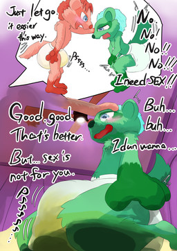 3_toes 4_fingers accident animal_feet anthro arm_tuft back_tuft bangs bar_emanata belly blue_eyes blush blush_lines bodily_fluids ceiling ceiling_fan ceiling_lamp challenge challenging cheek_tuft chest_tuft clothed clothing cocky cocky_smile cutaway desperation detailed_background dialogue diaper diaper_fetish diaper_only dominant dominant_anthro dominant_male duo elbow_tuft electric_fan emanata embarrassed excessive_bodily_fluids excessive_genital_fluids excessive_urine facial_markings facial_tuft fan_(object) feet fingers fluffy fluffy_tail foreshortening full_diaper fur fur_markings fur_tuft furry_tail genital_fluids glistening glistening_eyes gloom_lines green_belly green_body green_ears green_face green_feet green_fur green_hands green_inner_ear green_nose green_paws green_snout green_tail green_tuft hair hand_on_head hand_on_shoulder handpaw head_markings hindpaw holding_in_urine iconography inside knee_tuft kneeling kneeling_in_urine lamp leaking_diaper leaking_urine leg_tuft long_tail low-angle_view male male/male markings motion_lines motion_outline multicolored_arms multicolored_legs omorashi onomatopoeia open_mouth open_smile paws pee_holding pee_holding_contest peeing potty_dance potty_failure psssh purple_ceiling purple_wall quivering_lips quivering_mouth raised_tail red_arms red_belly red_body red_ears red_face red_feet red_fur red_hair red_hands red_inner_ear red_legs red_markings red_nose red_paws red_snout red_tail red_tuft sex_talk side_view slicked_back_hair smile smug smug_expression smug_eyes smug_face sound_effects submissive submissive_anthro submissive_male tail talking_to_another talking_to_partner teal_hair tears tears_of_embarrassment text three-quarter_view toes topless tremble_spikes tuft unclean_diaper urine urine_pool urine_pooling used_diaper using_diaper wall_(structure) watersports wavy_mouth wearing_diaper wet_diaper wetting wetting_diaper white_diaper worm's-eye_view onarikoinari redmond_brown tacoma_adams badger mammal mustelid musteline absurd_res colored digital_drawing_(artwork) digital_media_(artwork) hi_res