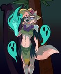 anthro bone bottomwear clothed clothing dipstick_tail fangs female front_view fur gloves_(marking) green_bottomwear green_clothing green_loincloth green_topwear group hair hat headgear headwear leg_markings loincloth magic_user markings no_pupils open_mouth open_smile plant purple_eyes red_tongue smile socks_(marking) standing tail tail_markings tan_body tan_fur tan_hair teeth tongue topwear tree trio yellow_clothing yellow_hat yellow_headwear martinballamore canid canine mammal spirit 2023 dated hi_res portrait signature three-quarter_portrait