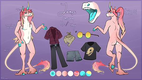 anthro blue_body bottomwear clothing cloven_hooves countershade_neck countershade_torso countershading cutaway eyewear feathering featureless_crotch fur glasses hair hooves horn kerchief long_hair male male_anthro nipples nude nude_anthro nude_male open_mouth pants pink_body pink_fur pink_hair ponytail shirt shorts simple_background solo standing tail tan_body tan_fur teeth text tongue topwear meldritchhorror mythology james_(zzamamee) equid equine mammal mythological_creature mythological_equine unicorn 16:9 2018 absurd_res english_text hi_res model_sheet widescreen