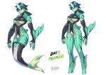 arm_fins big_breasts breasts clothing female fin gills green_body green_eyes green_hair green_markings hair markings solo split_form under_boob ryuusei_(mark_ii) marine merfolk hi_res